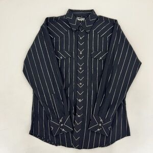Wrangler Mens Size L Western Shirt Pearl Snap‎ Front Pocket Black Silver Striped